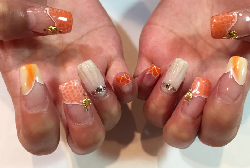 海ネイル★　ドロップネイル×オレンジ×マーメイドシェル。