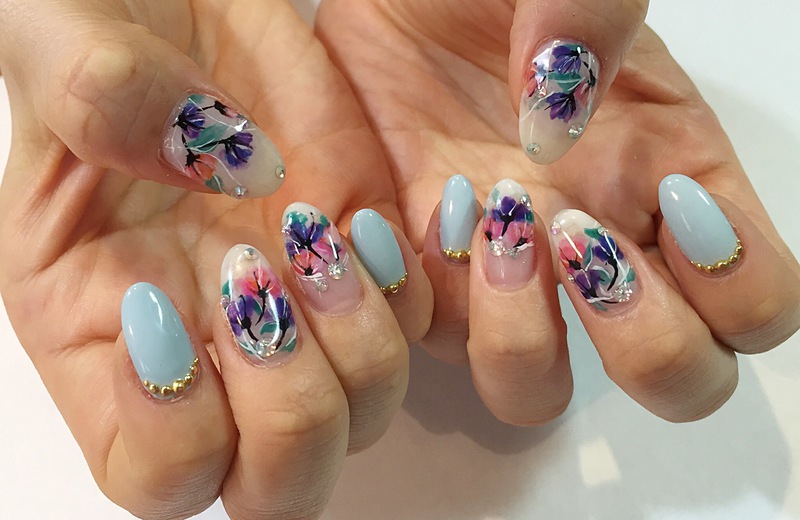 青みパープルフラワー柄×くすみブルー。