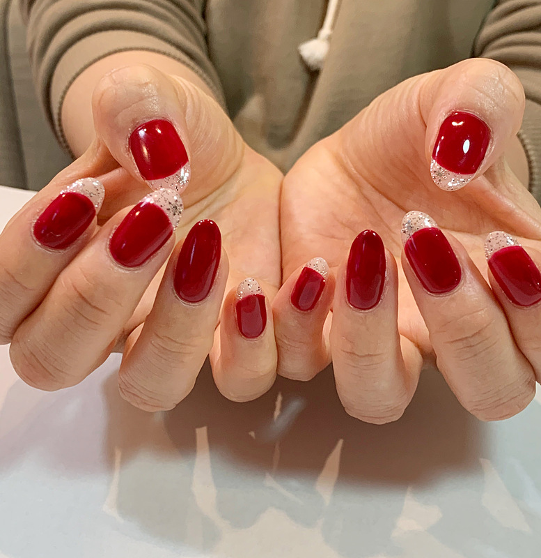 ・クリア風フレンチネイル・ボルドー・シルバーラメ・雪の結晶