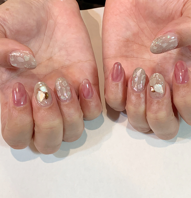 ・ニュアンスネイル・くすみピンク・シェル・ラメ