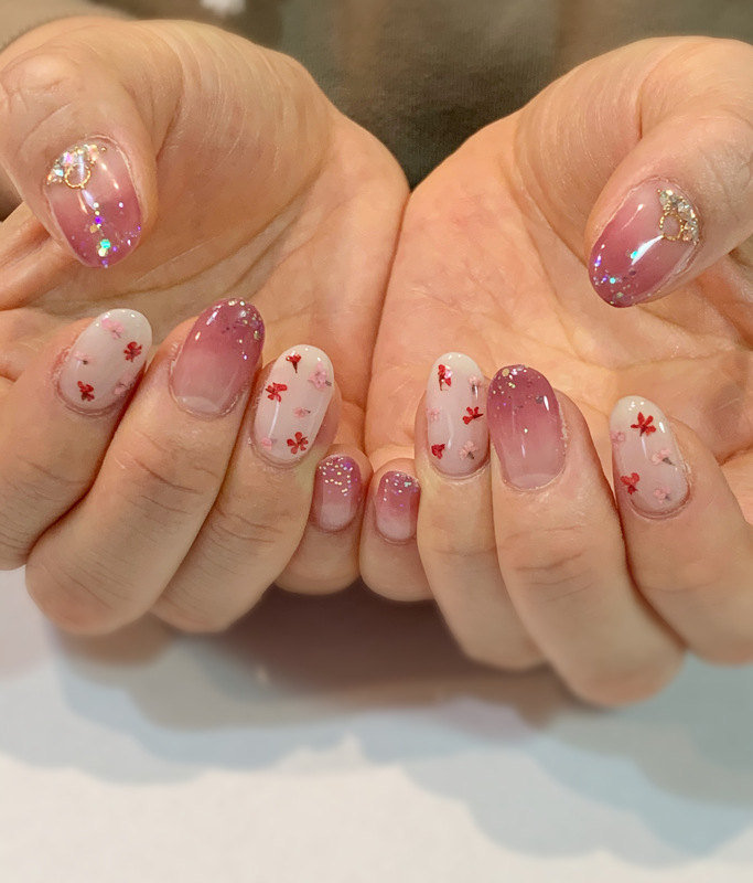 ・春ネイル・ドライフラワー・くすみピンク・カラグラ・ラメ・グリッター